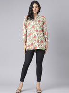 Blush Garden V-Neck Short Kurti with Olive Leaf Motifs and Coral Floral Print