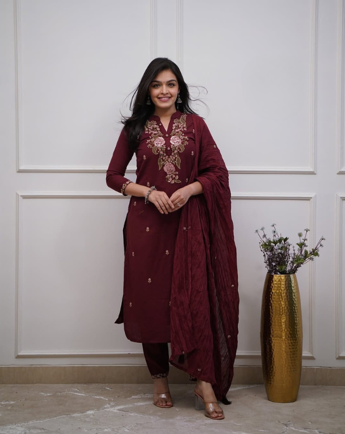 Elegant Maroon Kurti Set with Matching Pant and Dupatta