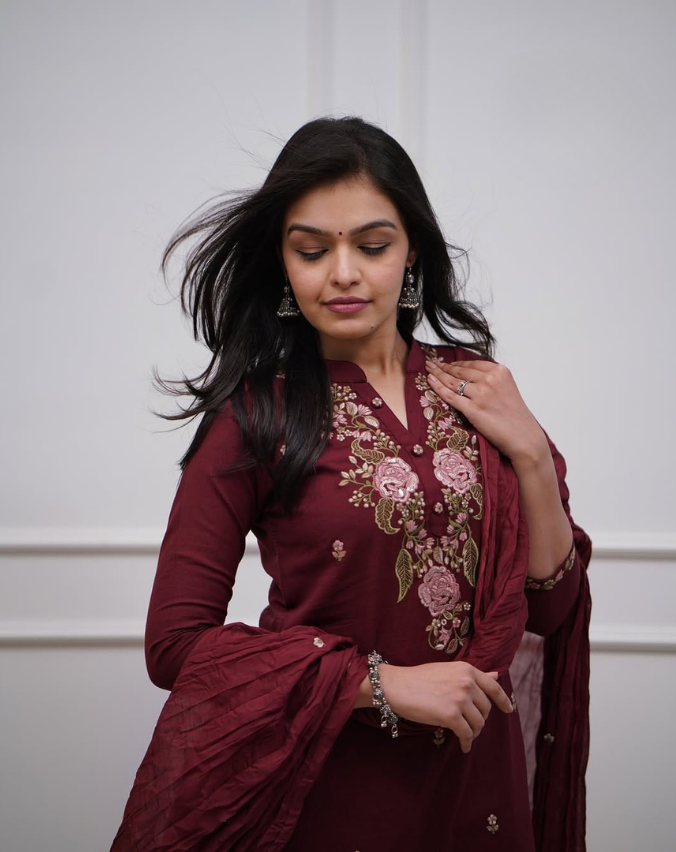 Elegant Maroon Kurti Set with Matching Pant and Dupatta