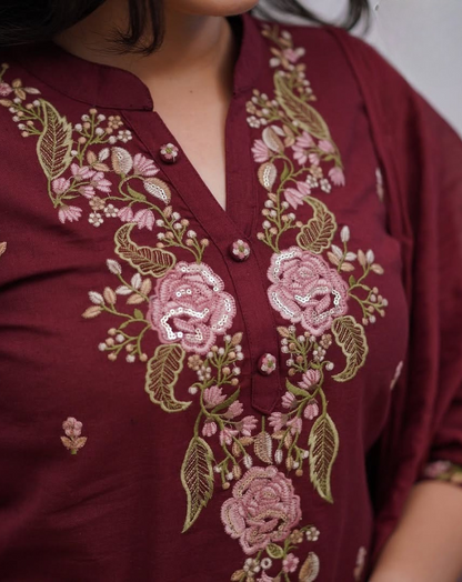 Elegant Maroon Kurti Set with Matching Pant and Dupatta