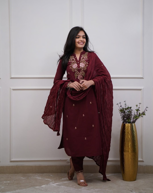 Elegant Maroon Kurti Set with Matching Pant and Dupatta