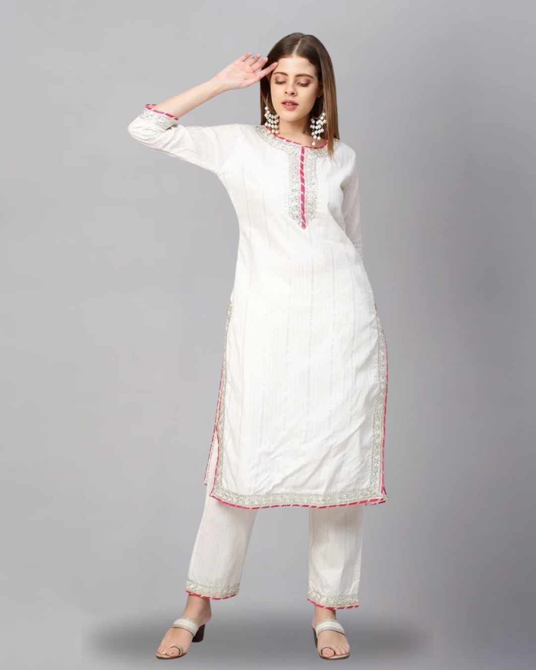 White Suit Set With floral Gotta Patti Embroidery At Neck And Pant