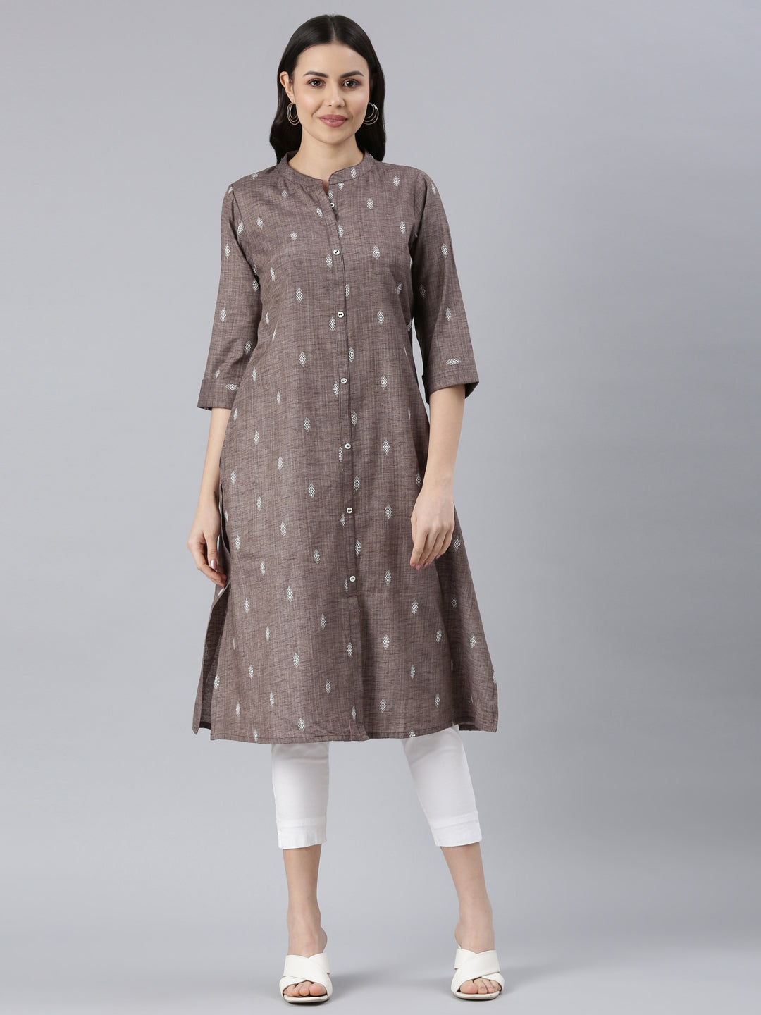 Women Printed Cotton Blend Straight Kurta (Brown) - Samhitas Apparel