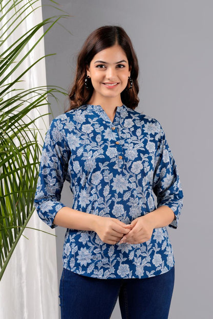 ROUND V-NECK SKY BLUE FLORAL PRINT SHORT KURTI