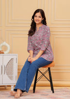 Mandarin Collar Lavender Floral Print Short Kurti