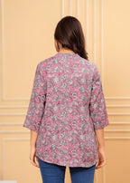Mandarin Collar Lavender Floral Print Short Kurti