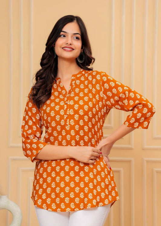 Mustard Mandarin Collar IKAT Block Print Short Straight Kurti