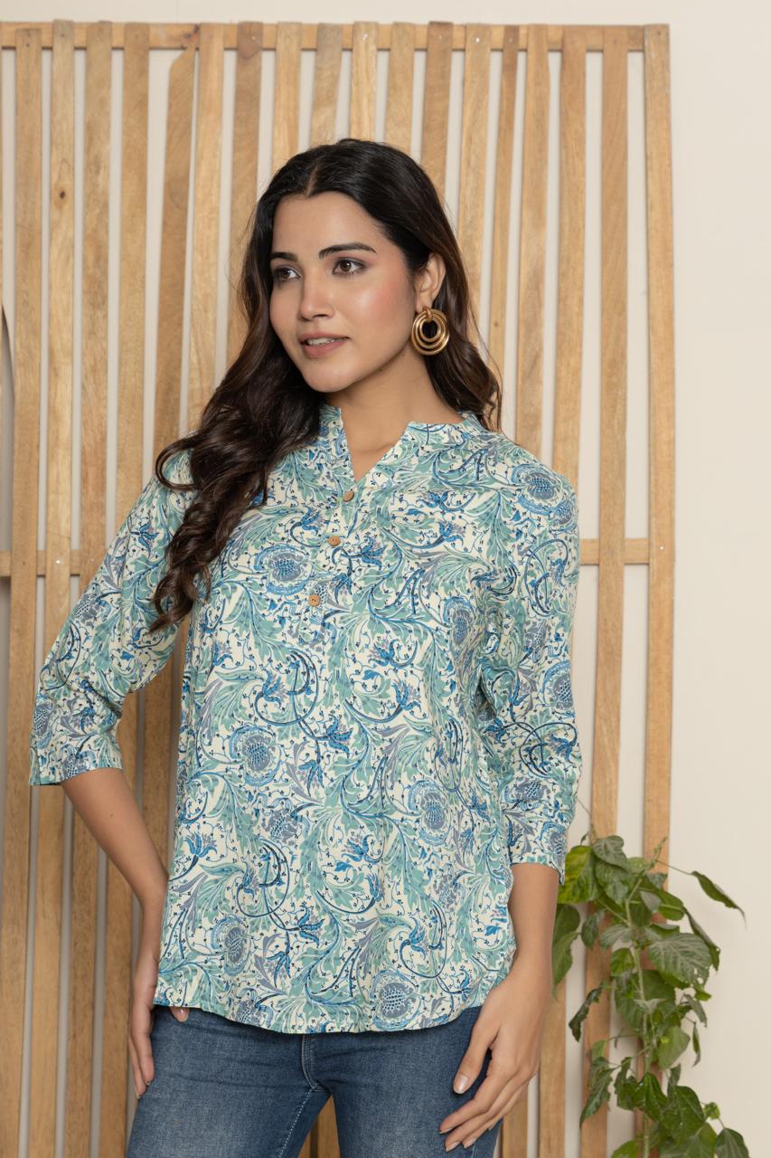 ROUND V-NECK INDIGO BLUE FLORAL PRINT SHORT KURTI