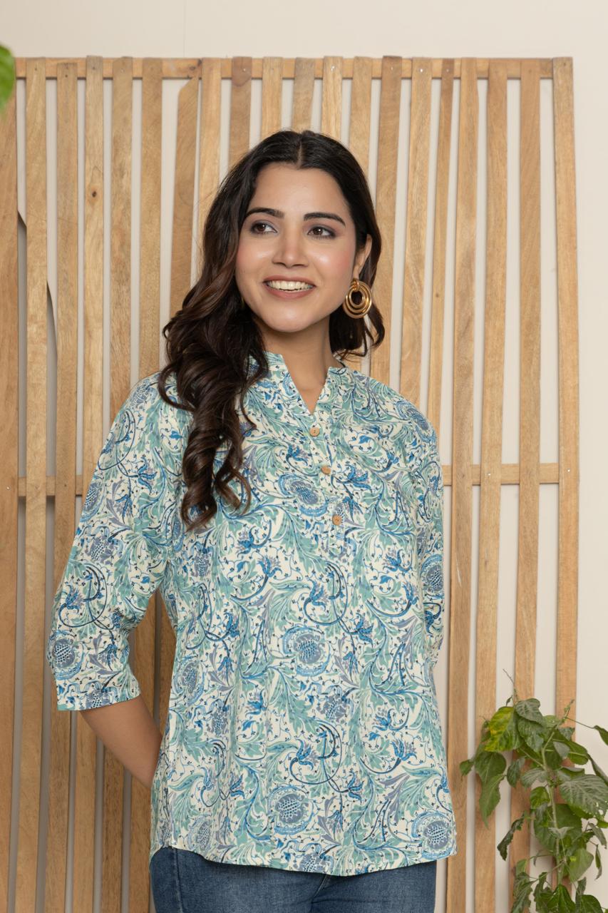 Mandarin Collar Indigo Blue Floral Print Short Kurti