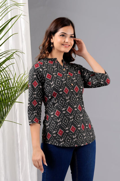 ROUND V-NECK BLACK IKAT  PRINT SHORT KURTI