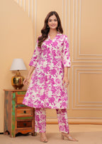 Pink Cotton Printed A Line Cord Set for Women