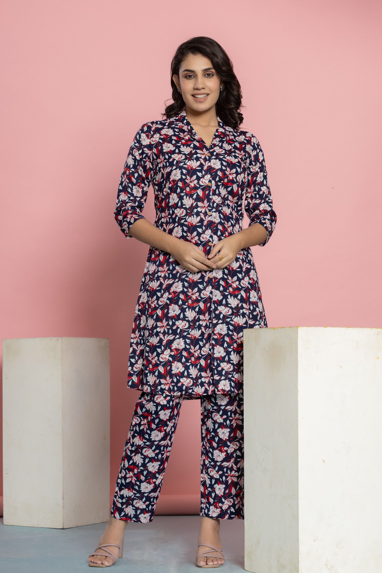 Dark Blue Cotton Printed A Line Cord Set for Women