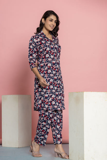 Dark Blue Cotton Printed A Line Cord Set for Women