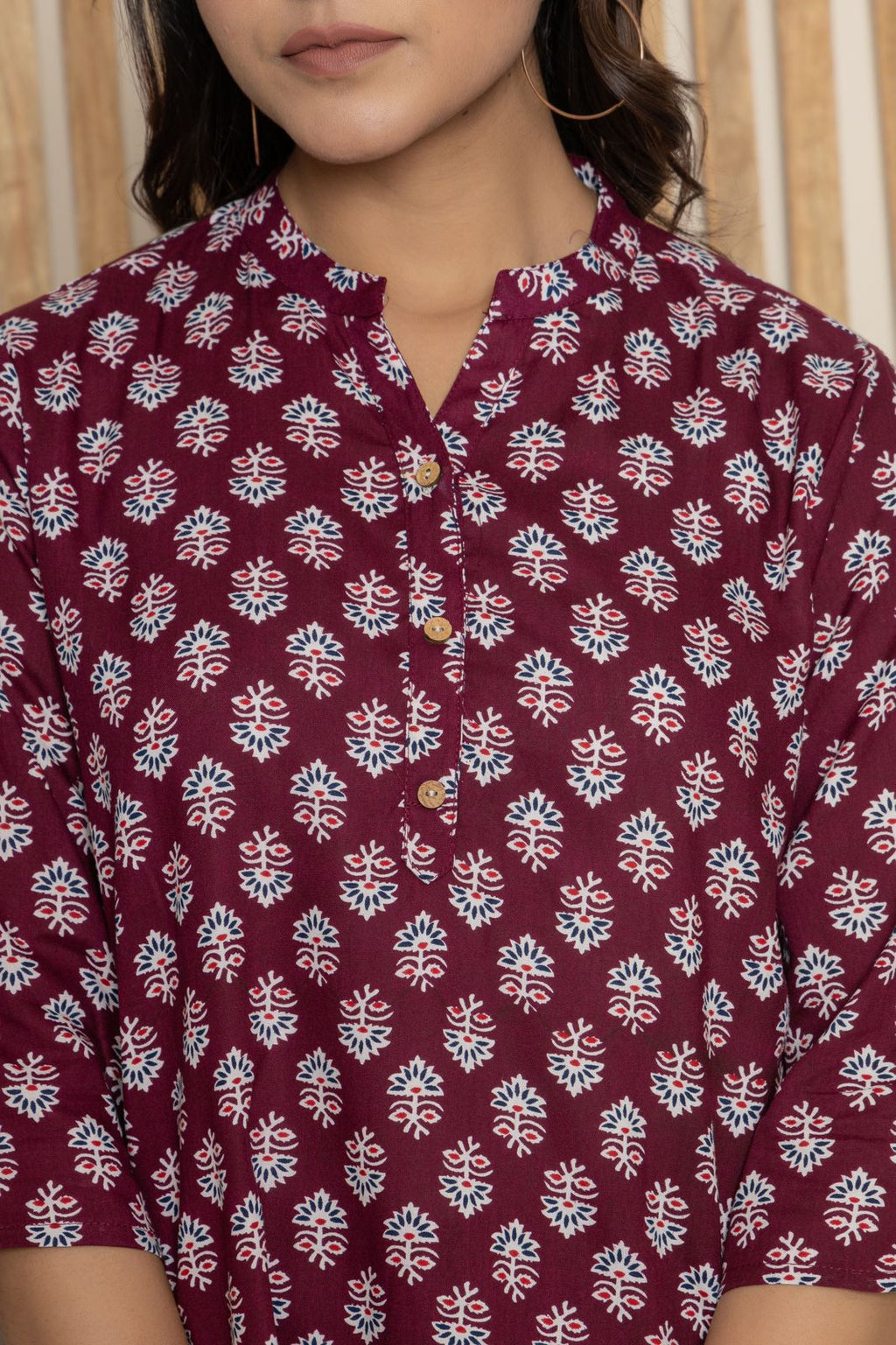 Mandarin Collar Berry Color Short Straight Kurti with button work on neck