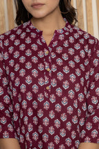 Mandarin Collar Berry Color Short Straight Kurti with button work on neck