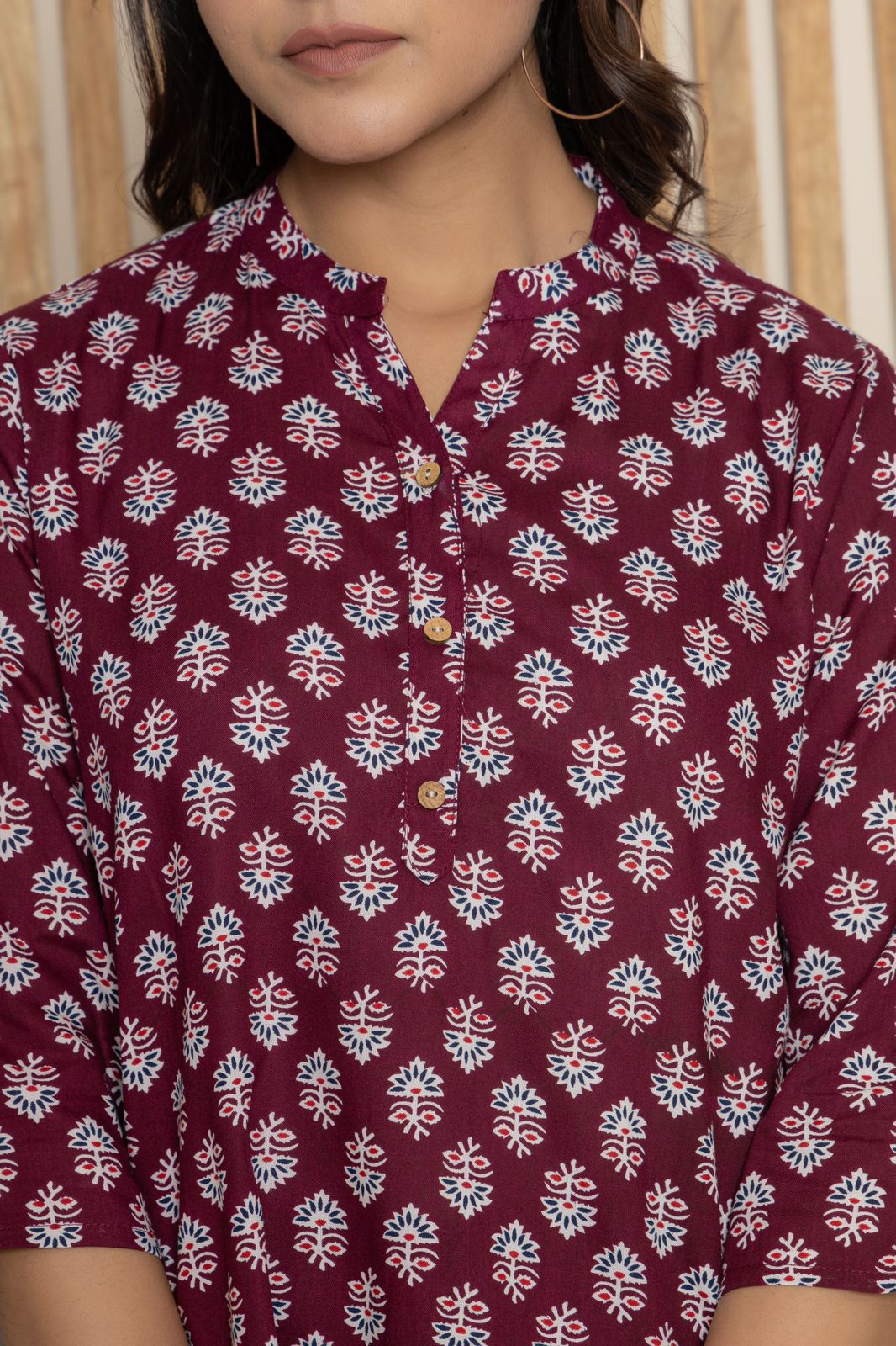 Mandarin Collar Berry Color Short Straight Kurti with button work on neck
