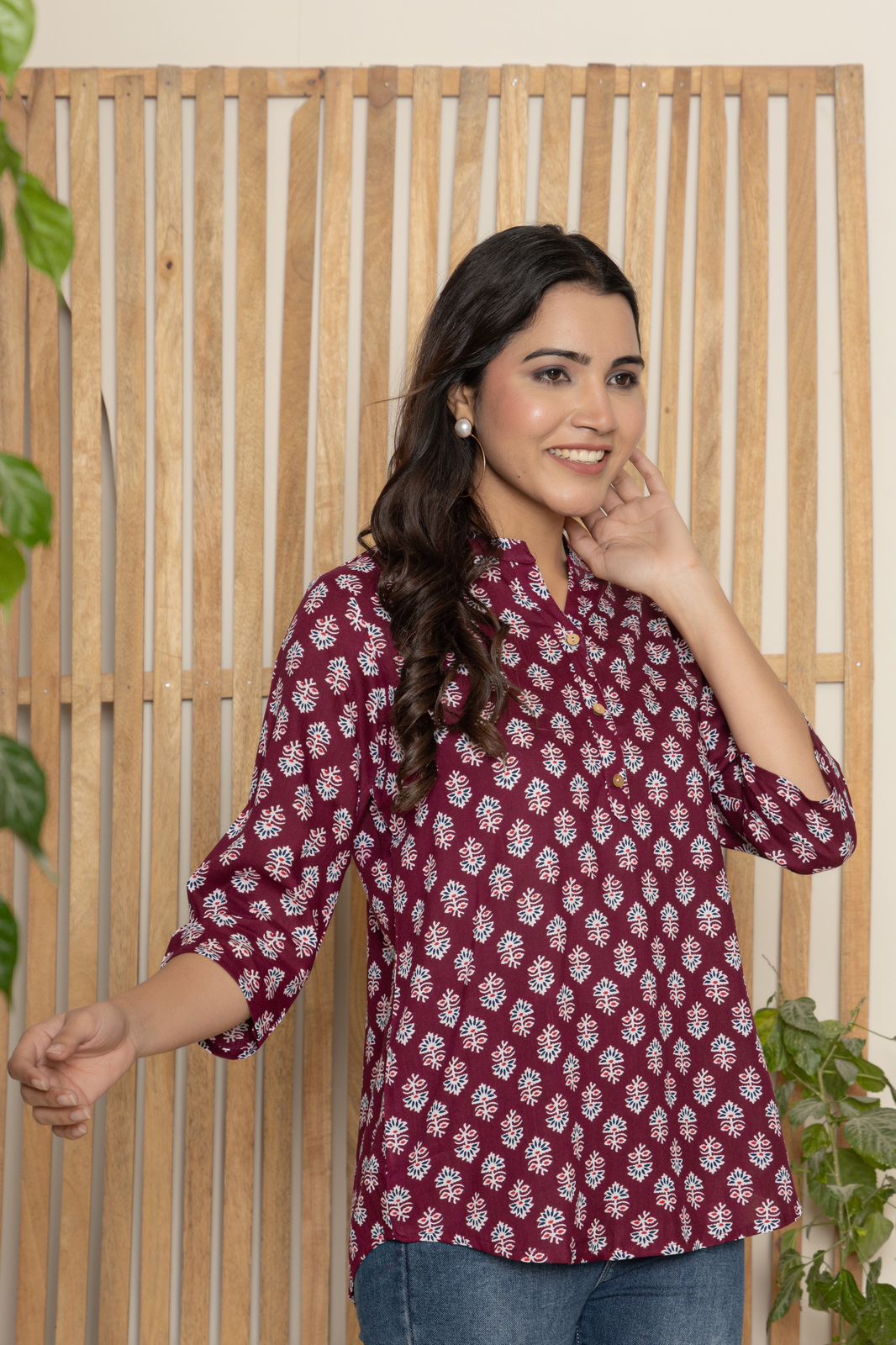 Mandarin Collar Berry Color Short Straight Kurti with button work on neck
