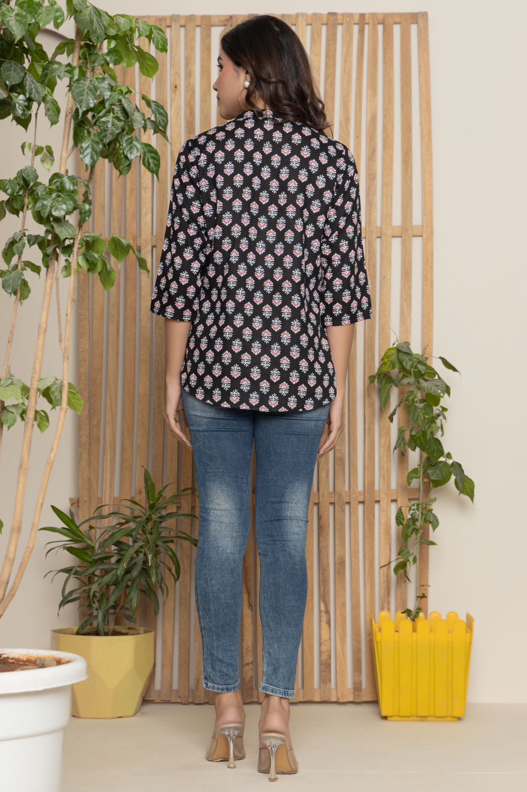 Mandarin Collar Black Straight Short Kurti