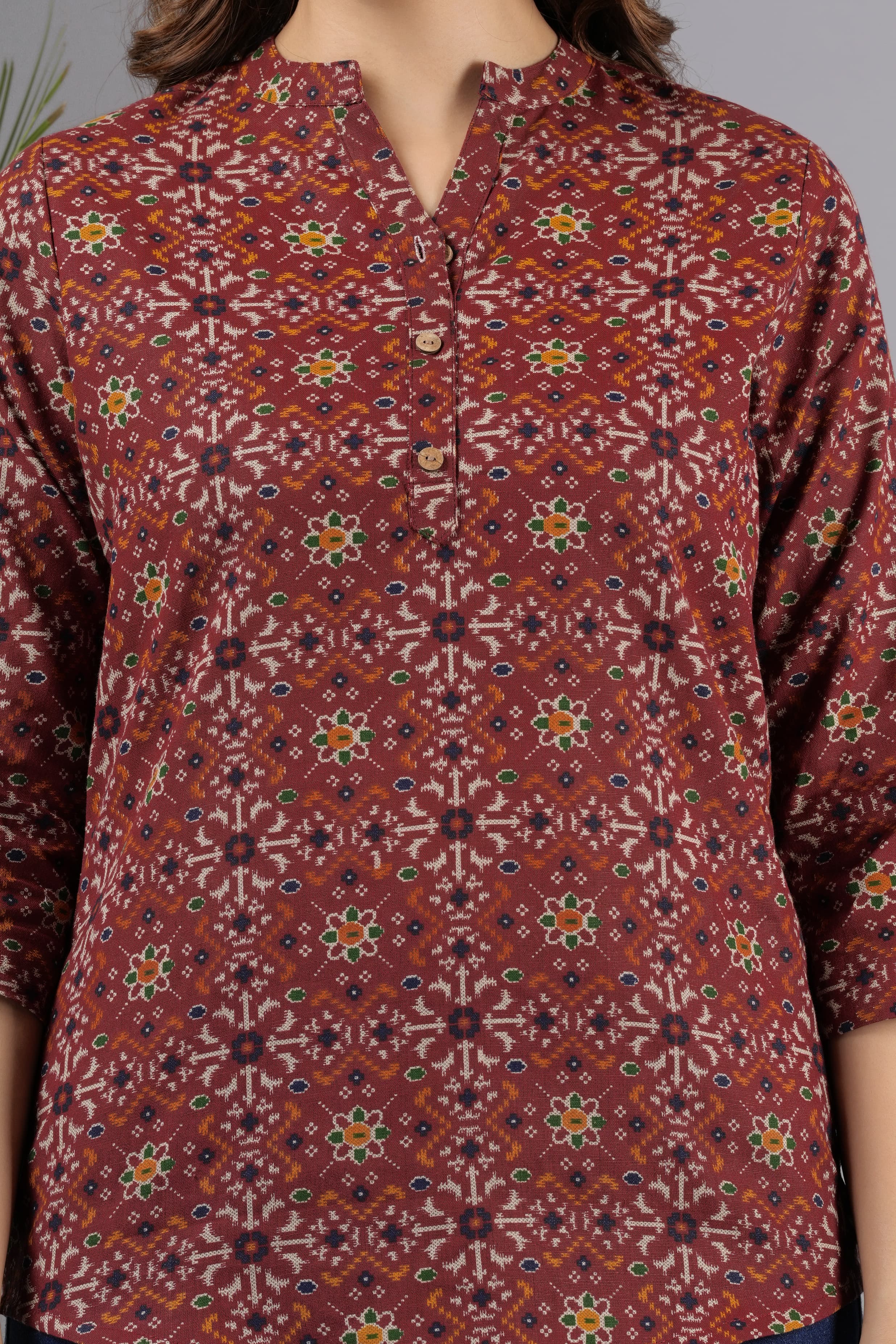 Mandarin Collar Cherry Red Color Short Straight kurti