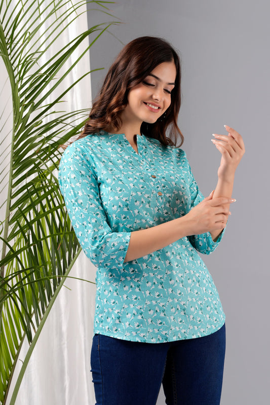 V- NECK SEE GREEN COLOR SHORT KURTI WITH TROPICAL ABSTRACT PRINT