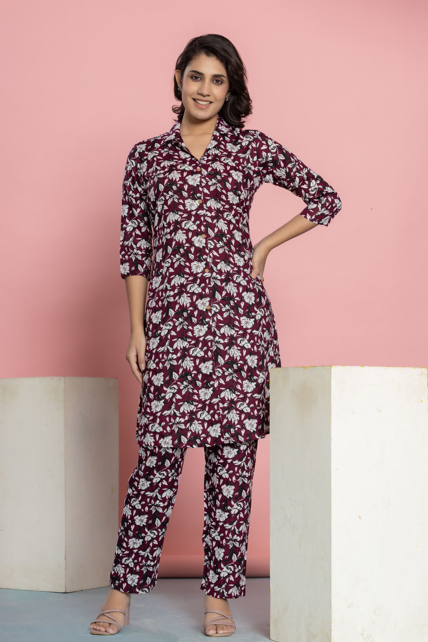 Maroon Cotton Printed A Line Cord Set for Women