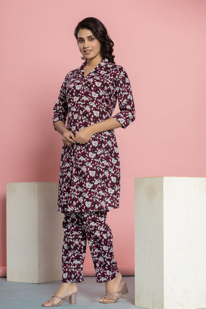 Maroon Cotton Printed A Line Cord Set for Women