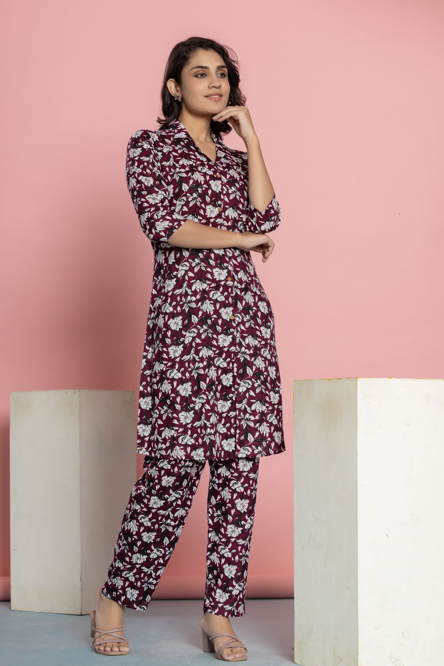 Maroon Cotton Printed A Line Cord Set for Women