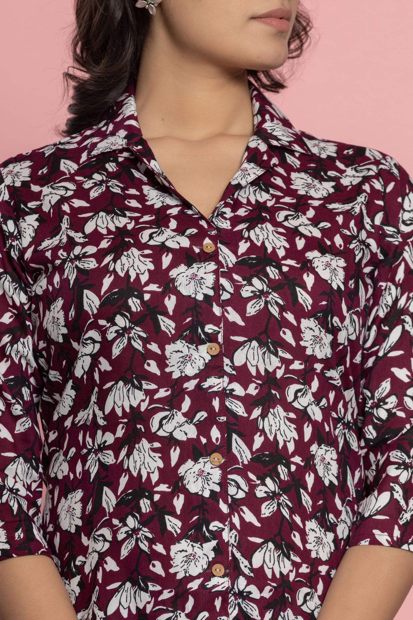 Maroon Cotton Printed A Line Cord Set for Women