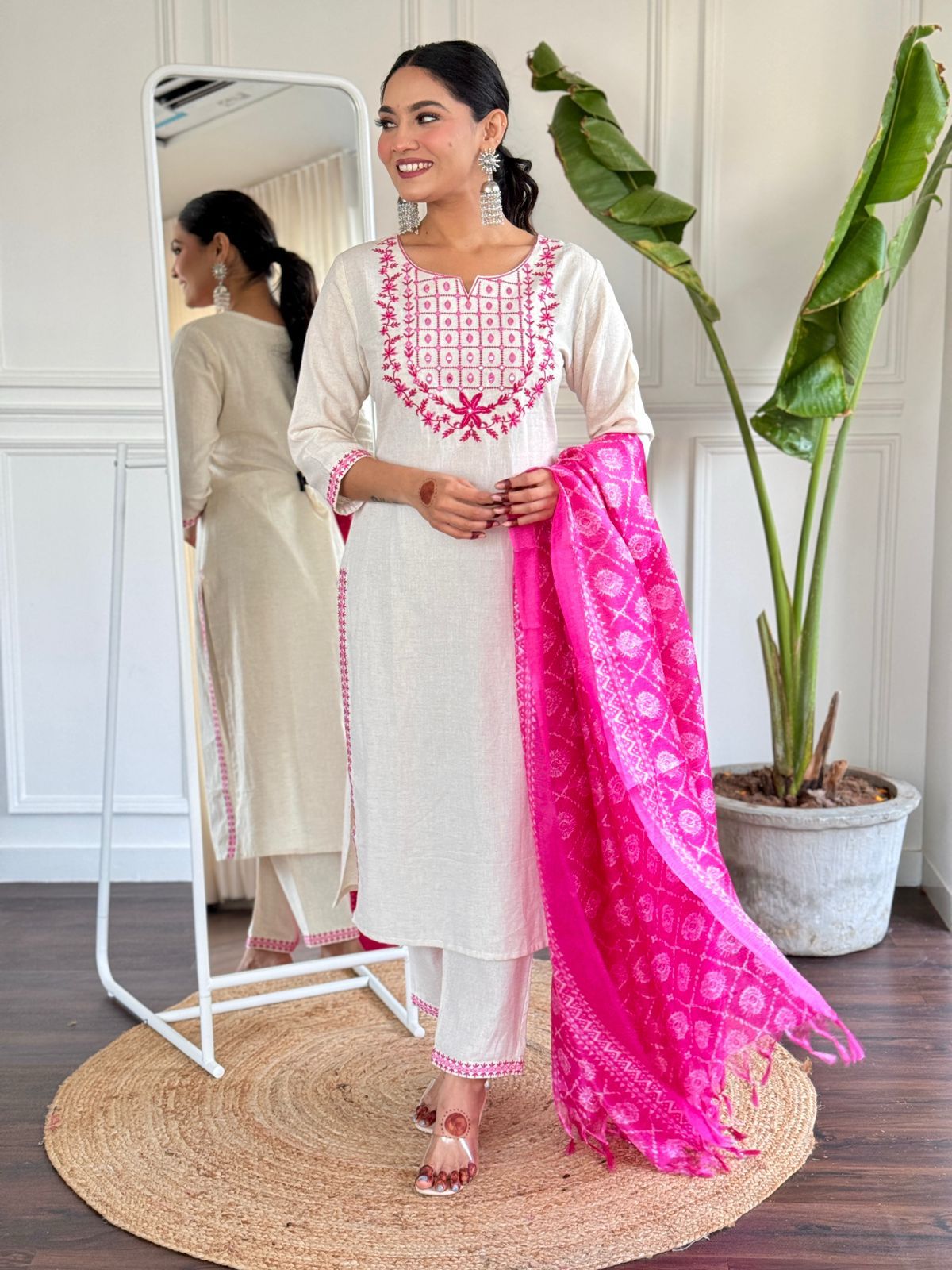 Beautiful Pink Cotton Kurta Set with Silk Dupatta