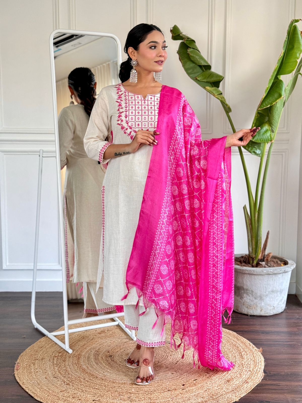 Beautiful Pink Cotton Kurta Set with Silk Dupatta