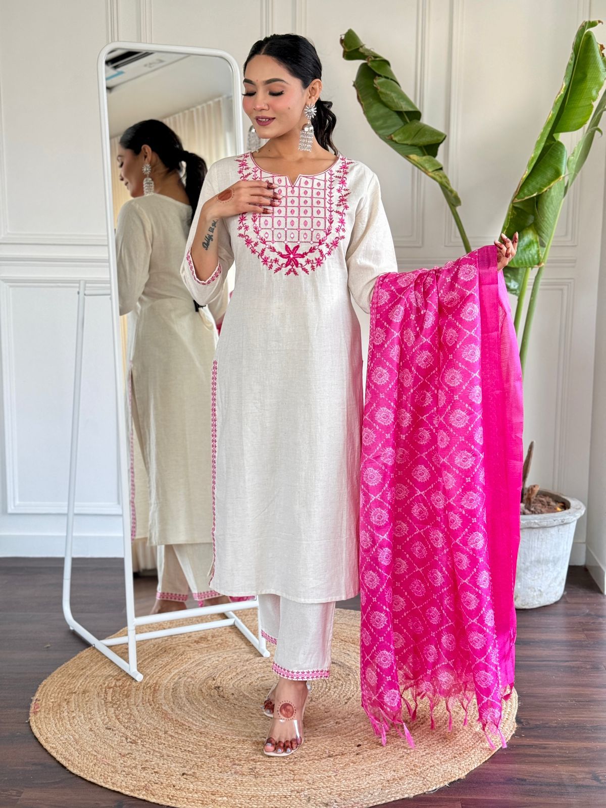 Beautiful Pink Cotton Kurta Set with Silk Dupatta