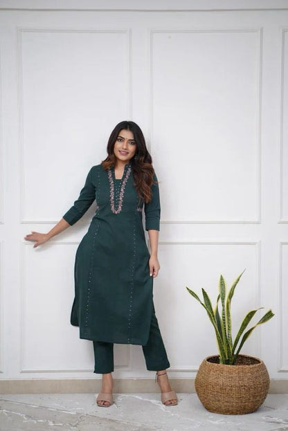 Dark Green Color Suit Set With Silver And Pink Floral Embroidery At Neck Line