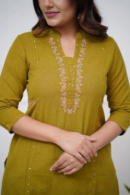 Olive Color Kurta Set With Silver And Pink Floral Embroidery At Neck Line