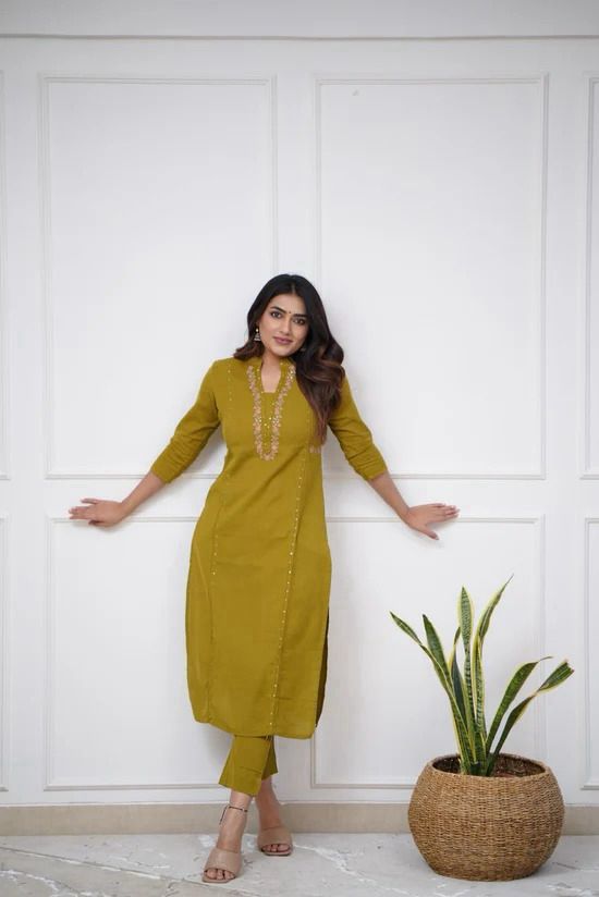 Olive Color Kurta Set With Silver And Pink Floral Embroidery At Neck Line