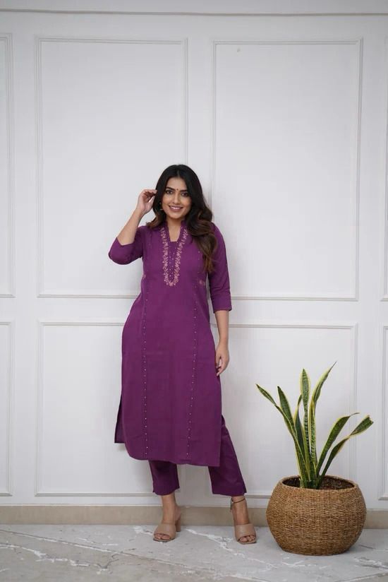 Purple Color Kurta Set With Silver And Pink Floral Embroidery At Neck Line