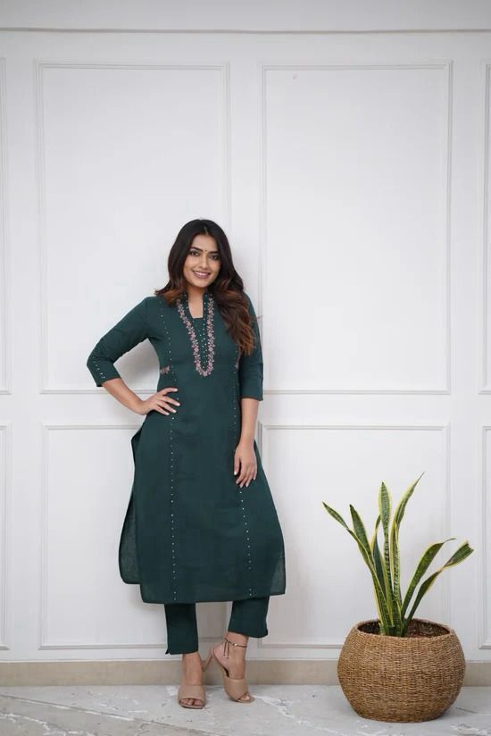 Dark Green Color Suit Set With Silver And Pink Floral Embroidery At Neck Line