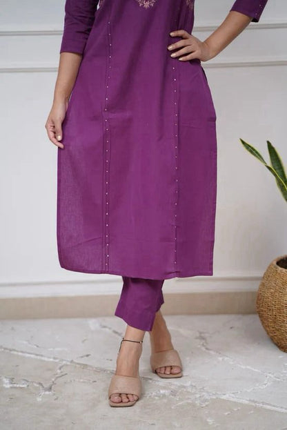 Purple Color Kurta Set With Silver And Pink Floral Embroidery At Neck Line