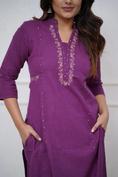 Purple Color Kurta Set With Silver And Pink Floral Embroidery At Neck Line