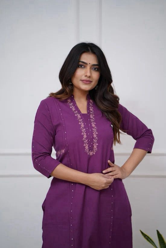 Purple Color Kurta Set With Silver And Pink Floral Embroidery At Neck Line