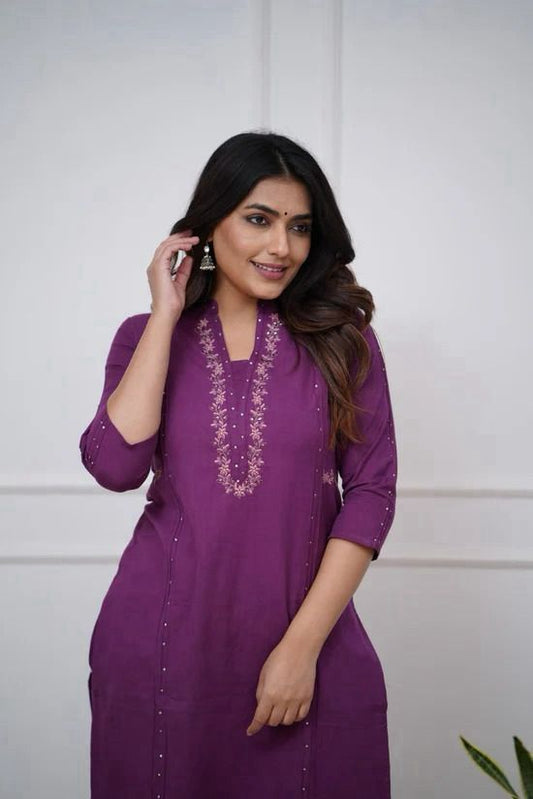 Purple Color Kurta Set With Silver And Pink Floral Embroidery At Neck Line