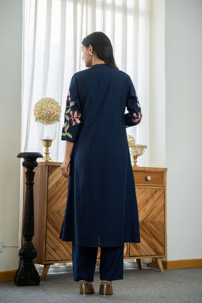 INDIGO COLOR CO-ORD SET WITH FLORAL EMBROIDERY AT FRONT AND ON SLEEVES