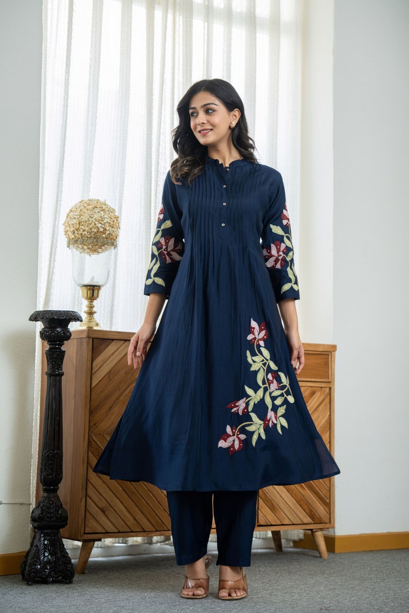 INDIGO COLOR CO-ORD SET WITH FLORAL EMBROIDERY AT FRONT AND ON SLEEVES