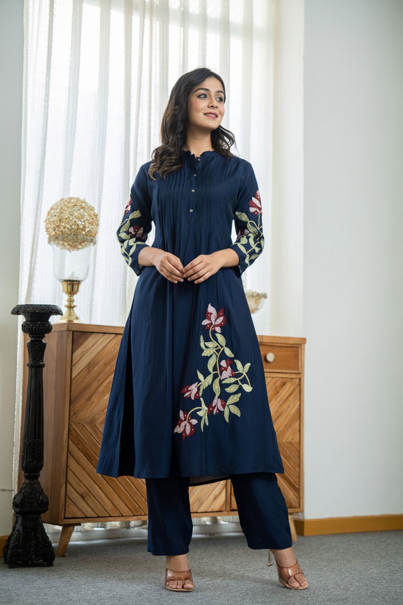 INDIGO COLOR CO-ORD SET WITH FLORAL EMBROIDERY AT FRONT AND ON SLEEVES