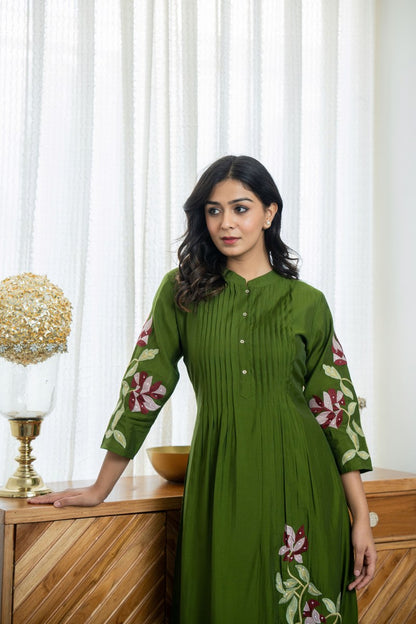 GREEN COLOR CO-ORD SET WITH FLORAL EMBROIDERY AT FRONT AND ON SLEEVES