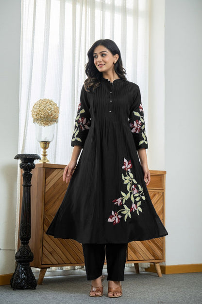 BLACK COLOR CO-ORD SET WITH FLORAL EMBROIDERY AT FRONT AND ON SLEEVES