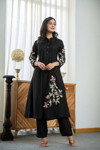 BLACK COLOR CO-ORD SET WITH FLORAL EMBROIDERY AT FRONT AND ON SLEEVES