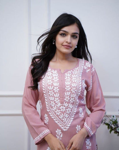 Premium Rayon Fabric Soft Pink Kurti with heavy Embroidery