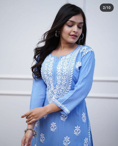 Premium Rayon Fabric Sky Blue Kurta Set with heavy embroidery