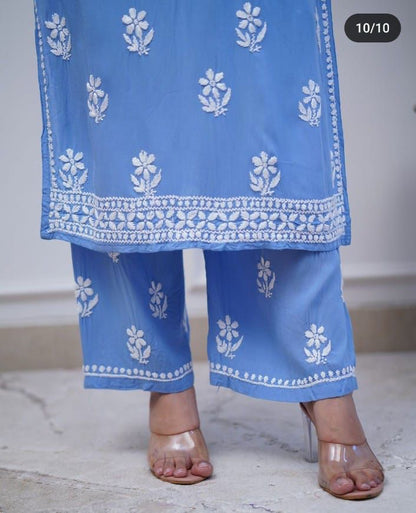 Premium Rayon Fabric Sky Blue Kurta Set with heavy embroidery