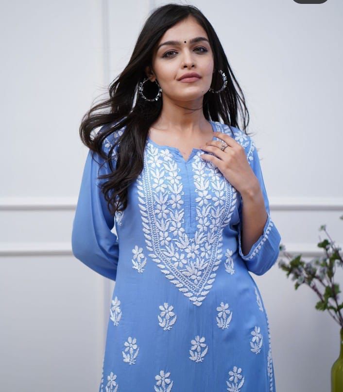 Premium Rayon Fabric Sky Blue Kurta Set with heavy embroidery